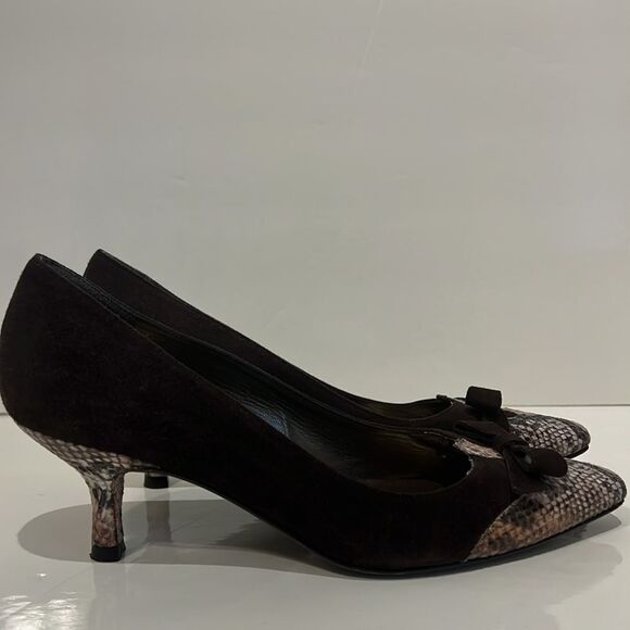 Stuart Weitzman Brown Suede/Embossed Leather Toe and Kitten Heel Shoes Size 7 - Picture 3 of 15
